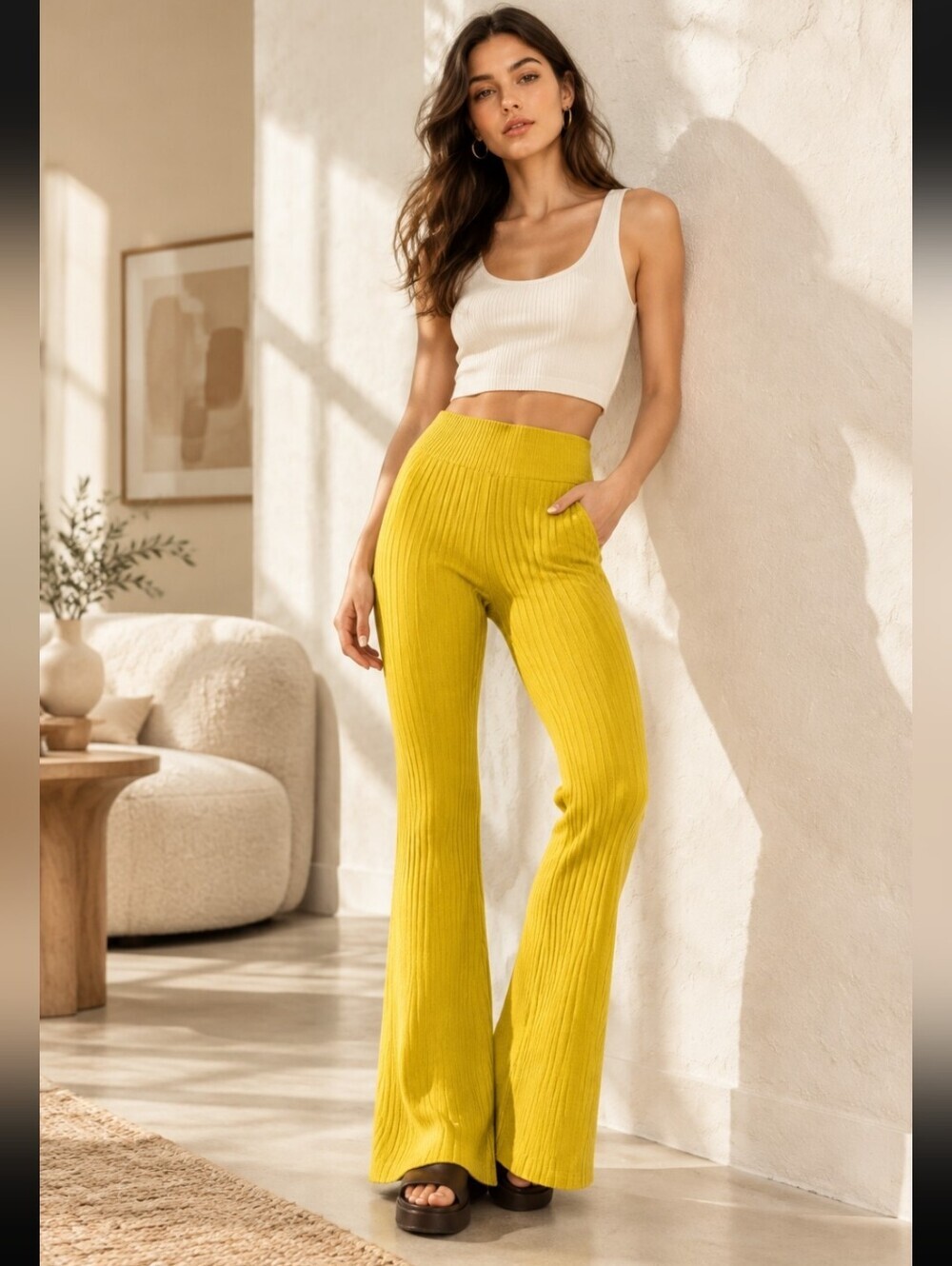 Callahan Trish Yellow Ribbed Knit Flare Pants Size Large